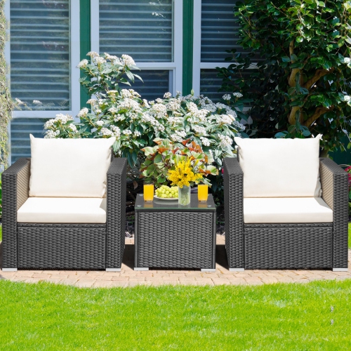 3 Pieces Patio wicker Furniture Set with Cushion-White