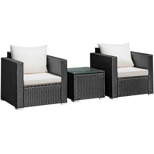 3 Pieces Patio wicker Furniture Set with Cushion-White