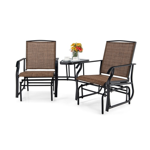 SLICKBLUE  Double Swing Glider Rocker Chair Set With Glass Table-Brown
