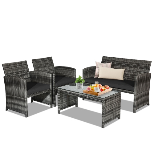 SLICKBLUE  4 Pieces Patio Rattan Furniture Set With Glass Table And Loveseat-Black