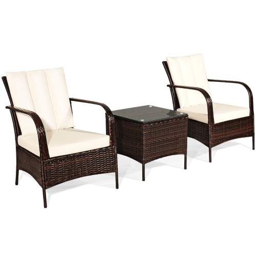 SLICKBLUE  3 PCs Patio Conversation Rattan Furniture Set With Glass Top Coffee Table And Cushions-White