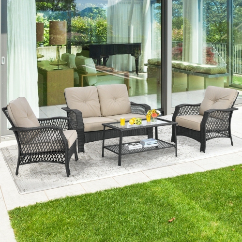 4 Pieces Patio Wicker Furniture Set Loveseat Sofa Coffee Table with Cushion-Beige