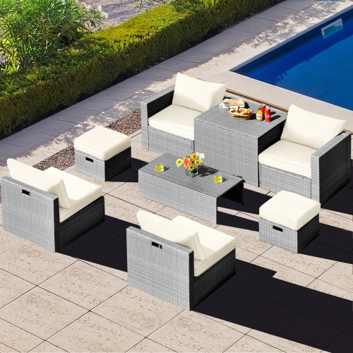 8-Piece Rattan Patio Furniture Set with Storage, Waterproof Cover and Cushions