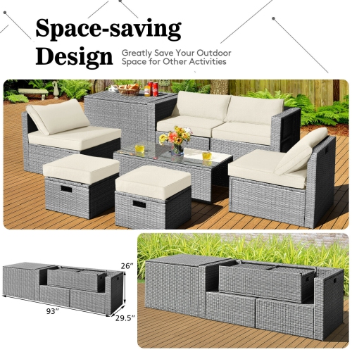 8-Piece Rattan Patio Furniture Set with Storage, Waterproof Cover and Cushions
