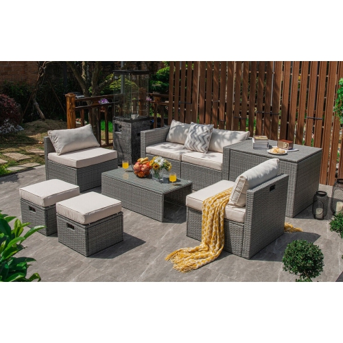 8-Piece Rattan Patio Furniture Set with Storage, Waterproof Cover and Cushions