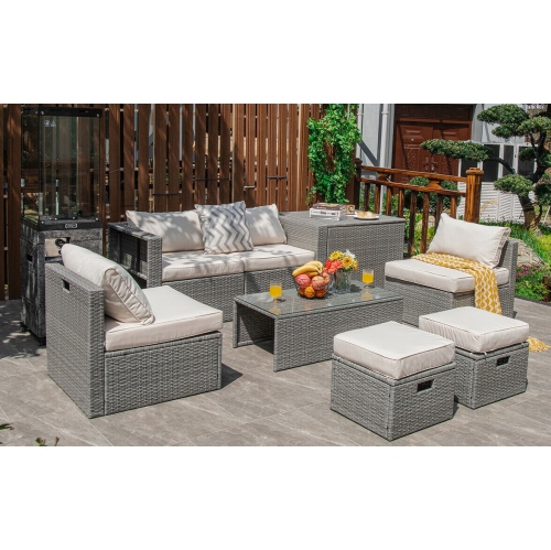 8-Piece Rattan Patio Furniture Set with Storage, Waterproof Cover and Cushions