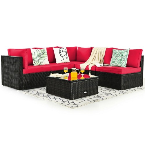 SLICKBLUE  6-Piece Rattan Patio Set With Cushions And Glass Coffee Table for Outdoor Spaces