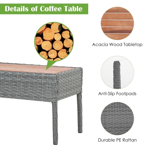 4 Pieces Rattan Patio Conversation Furniture Set with Acacia Wood Tabletop