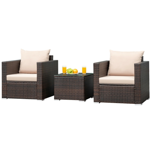 SLICKBLUE  3 PCs Patio Conversation Rattan Furniture Set With Cushion