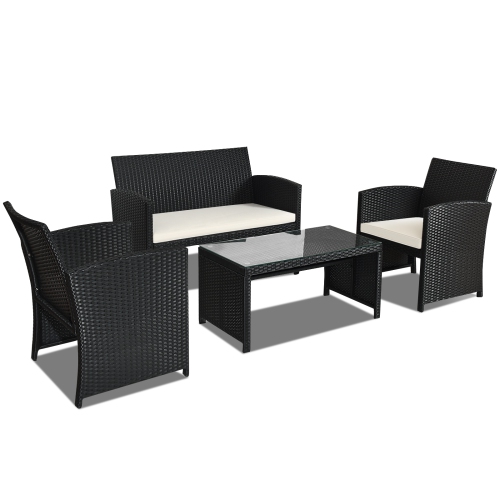 SLICKBLUE  4 Pieces Rattan Patio Furniture Set With Tempered Glass Tabletop And Weather Resistant Cushions