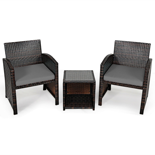 SLICKBLUE  3 Pieces Pe Rattan Wicker Furniture Set With Cushion Sofa Coffee Table for Garden-Gray