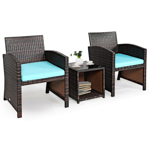 SLICKBLUE  3 Pieces Pe Rattan Wicker Furniture Set With Cushion Sofa Coffee Table for Garden-Turquoise