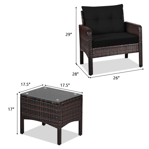 3-Piece Outdoor Rattan Patio Set with Cushioned Chairs and Table for Garden or Balcony