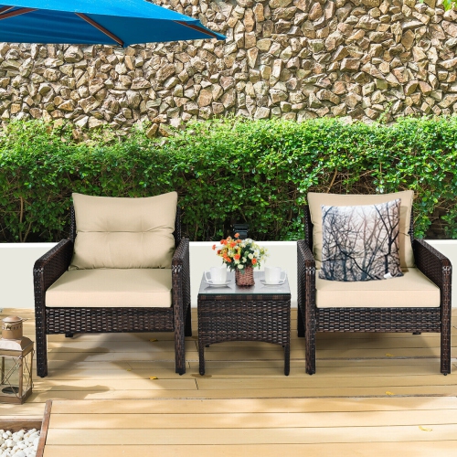 3-Piece Outdoor Rattan Patio Set with Cushioned Chairs and Table for Garden or Balcony