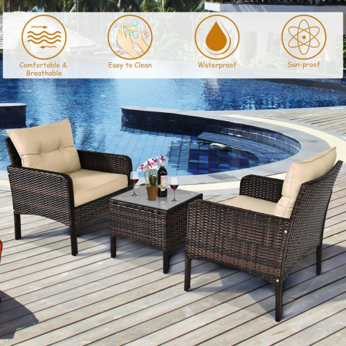 3-Piece Outdoor Rattan Patio Set with Cushioned Chairs and Table for Garden or Balcony