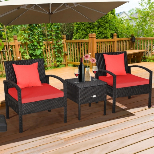 3 Piece PE Rattan Wicker Sofa Set with Washable and Removable Cushion for Patio-Red