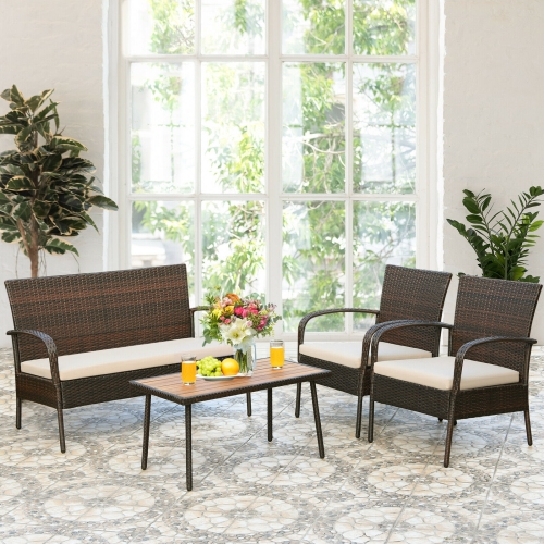 SLICKBLUE  4 Pieces Patio Rattan Outdoor Conversation Set With Cushions