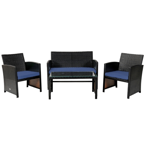 SLICKBLUE  4PCs Patio Rattan Cushioned Furniture Set-Navy