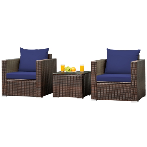 SLICKBLUE  3 PCs Patio Conversation Rattan Furniture Set With Cushion-Blue