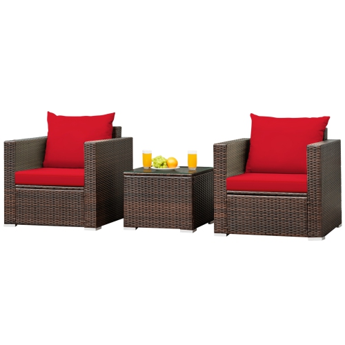 SLICKBLUE  3 PCs Patio Conversation Rattan Furniture Set With Cushion-Red