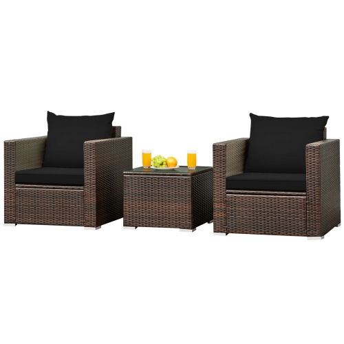 SLICKBLUE  3 PCs Patio Conversation Rattan Furniture Set With Cushion-Black