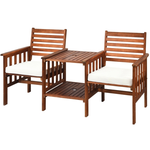 SLICKBLUE  3 PCs Outdoor Patio Table Chairs Set Acacia Wood Loveseat-White