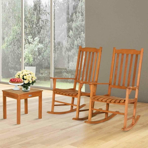 3 Pieces Eucalyptus Rocking Chair Set with Coffee Table