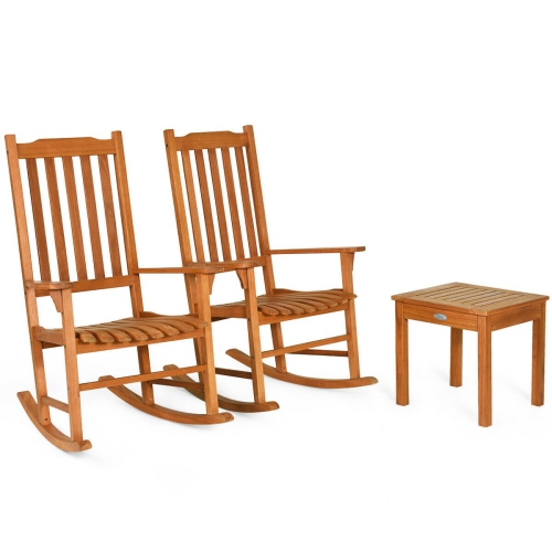 3 Pieces Eucalyptus Rocking Chair Set with Coffee Table