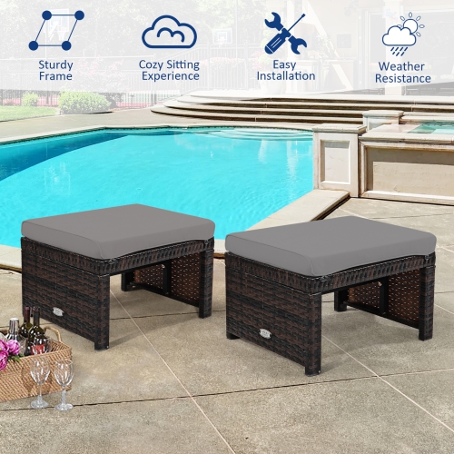 2 Pieces Patio Rattan Ottomans with Soft Cushion for Patio and Garden