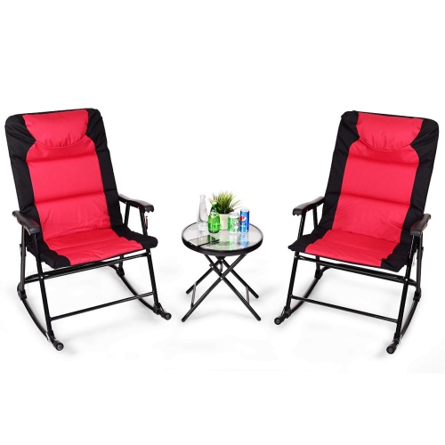 SLICKBLUE  3 PCs Outdoor Folding Rocking Chair Table Set With Cushion-Red