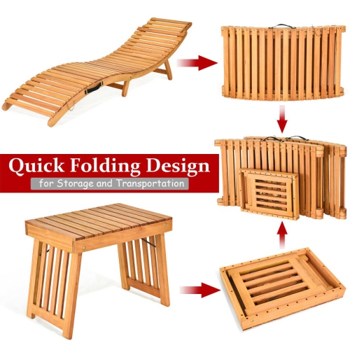 3 Pieces Wooden Folding Patio Lounge Chair Table Set