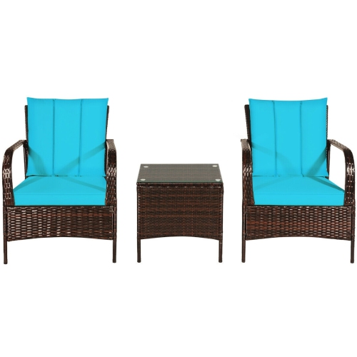 SLICKBLUE  3 PCs Patio Conversation Rattan Furniture Set With Glass Top Coffee Table And Cushions-Turquoise