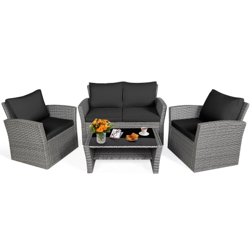 SLICKBLUE  4-Piece Patio Rattan Furniture Set With Sofa, Table And Storage Shelf