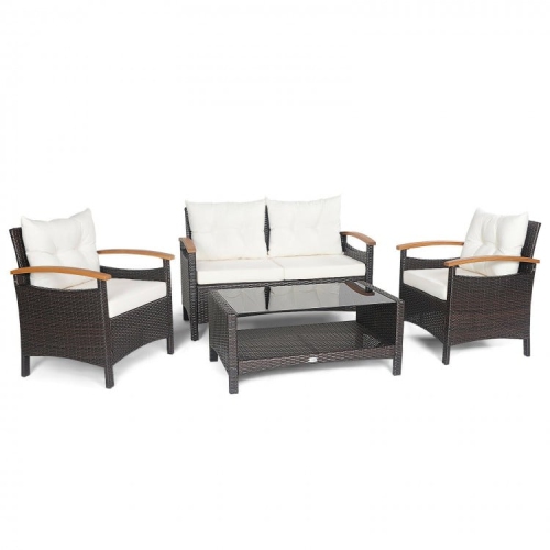 SLICKBLUE  4 Pieces Patio Rattan Furniture Set With Cushioned Sofa And Storage Table