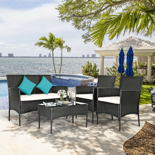 4-Piece Outdoor Rattan Sofa Set with Cushions and Tempered Glass Coffee Table