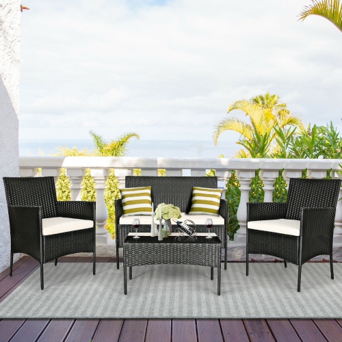 4-Piece Outdoor Rattan Sofa Set with Cushions and Tempered Glass Coffee Table