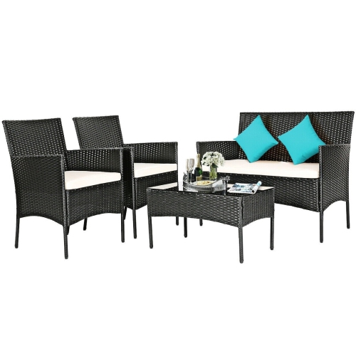 4-Piece Outdoor Rattan Sofa Set with Cushions and Tempered Glass Coffee Table
