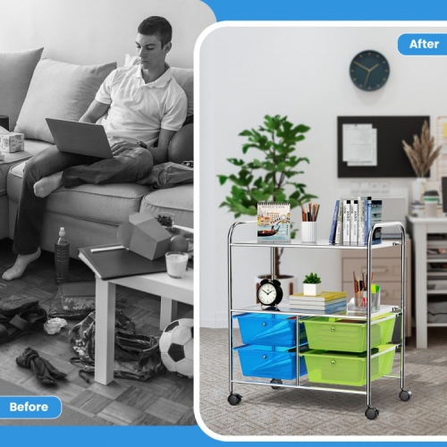 Étagère de rangement à roulettes à 4 tiroirs avec tablettes à plusieurs niveaux pour l'organisation de la maison