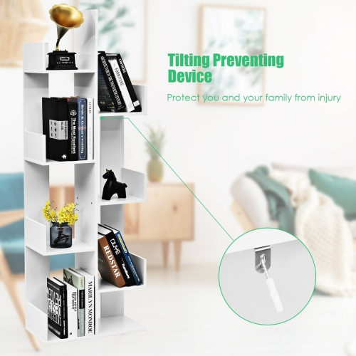8-Shelf Industrial Tree-Shaped Bookshelf with Anti-Toppling Fitting