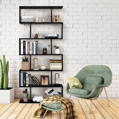 6-Tier S-Shaped Bookshelf, Modern Z-Shelf Bookcase for Storage and Display
