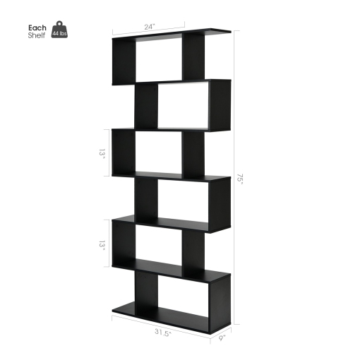 6-Tier S-Shaped Bookshelf, Modern Z-Shelf Bookcase for Storage and Display