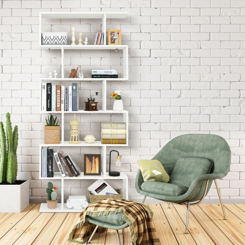 6-Tier S-Shaped Bookshelf, Modern Z-Shelf Bookcase for Storage and Display