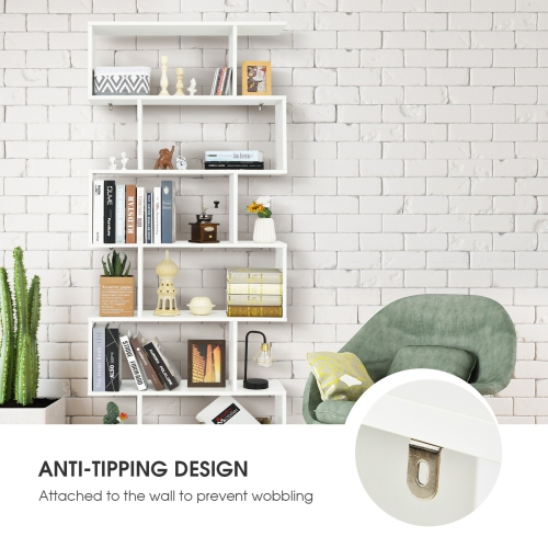 6-Tier S-Shaped Bookshelf, Modern Z-Shelf Bookcase for Storage and Display