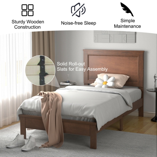 Minimalist Bed Frame with Rubber Wood Legs – Durable Platform Base, Wooden Slat Support