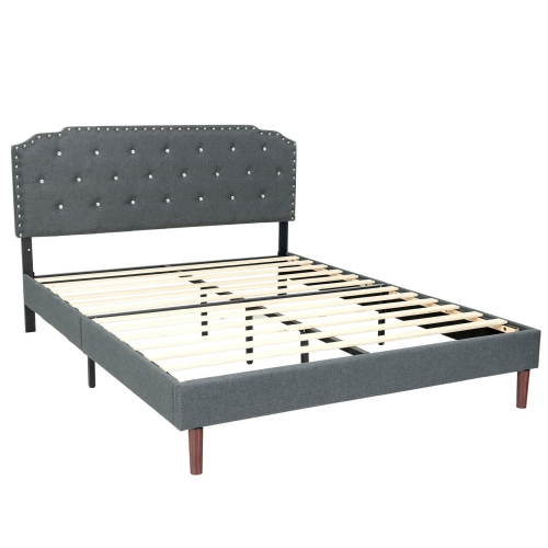Adjustable Headboard Upholstered Bed – Button Tufted Frame with Wood Slats