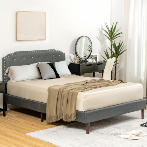 Adjustable Headboard Upholstered Bed – Button Tufted Frame with Wood Slats