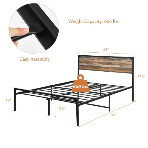 Metal Platform Bed Frame with Wooden Headboard-Queen Size