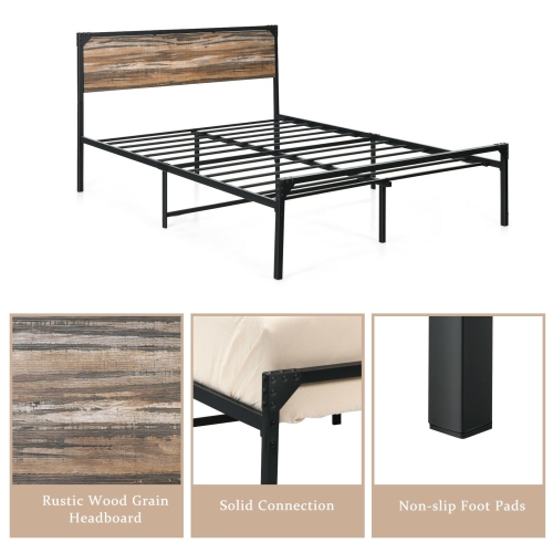Metal Platform Bed Frame with Wooden Headboard-Queen Size