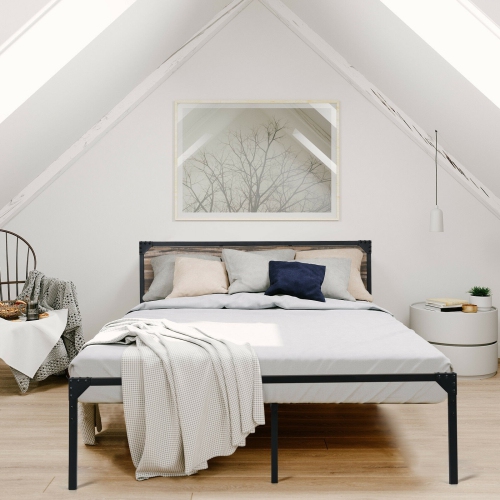 Metal Platform Bed Frame with Wooden Headboard-Queen Size