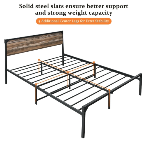 Metal Platform Bed Frame with Wooden Headboard-Queen Size